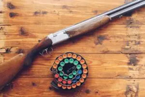 Hunting equipment. Shotgun and hunting cartridges on wooden tab