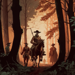 Revolutionary war hunters with rifles, horses in traditional colonial clothing hunting in a forest.
