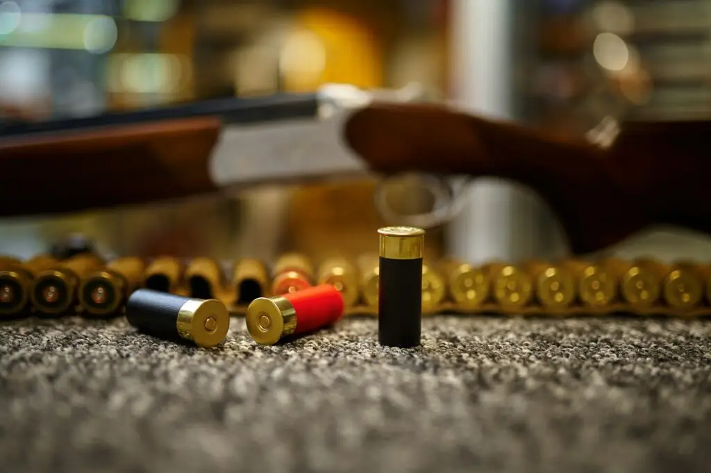 Hunting rifle, bandolier and cartridges, gun store